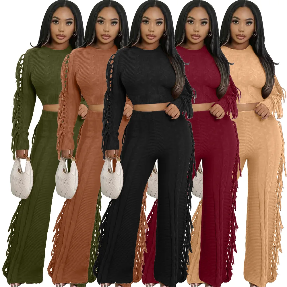 

Knitted Pant Set Women Two Piece Sets Round Neck Full Sleeve Shirt Straight Long Pants Tassel Elastic Waist Y2k Streetwear 2026