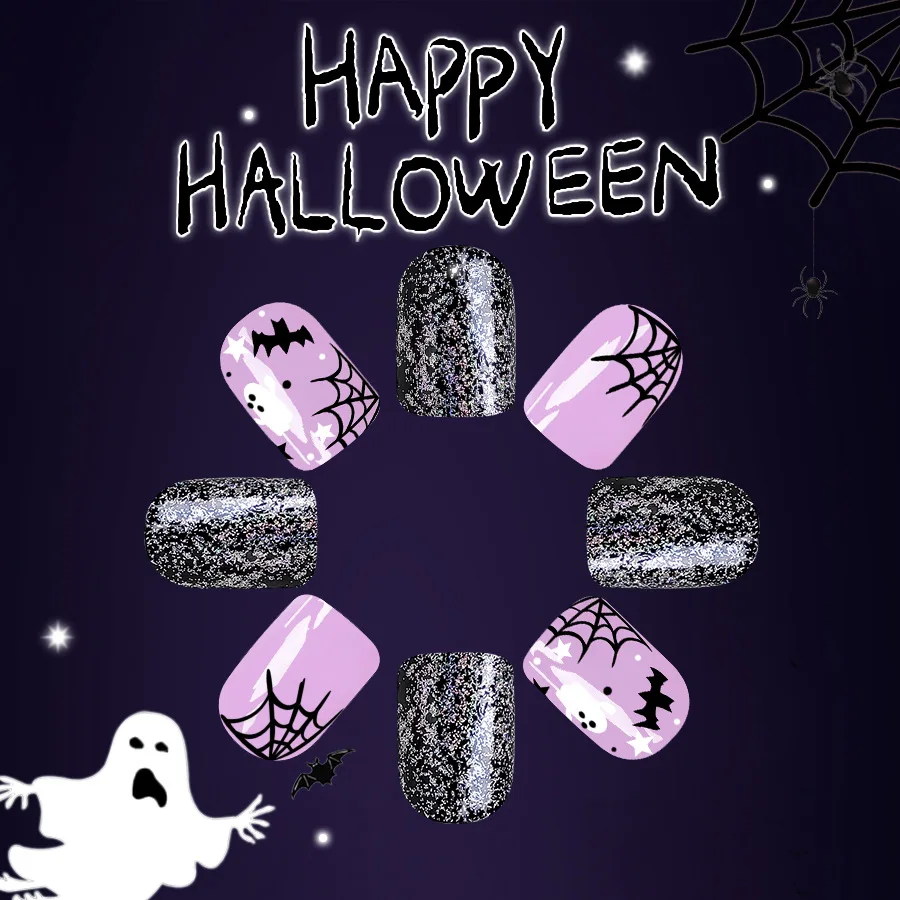 24-teiliges lila Halloween-Nagelkunst-Set – kurze, quadratische Nägel zum Aufdrücken mit Geisterfledermaus-Spinnennetz-Designs, künstliche Nägel für Frauen und Mädchen