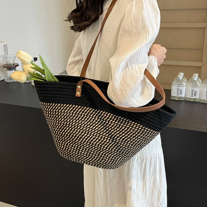 2024 New Summer Women Woven Beach Bag Large Capacity Cotton thread Handmade Fashion Shoulder Bag Bohemian Casual Woven Basket