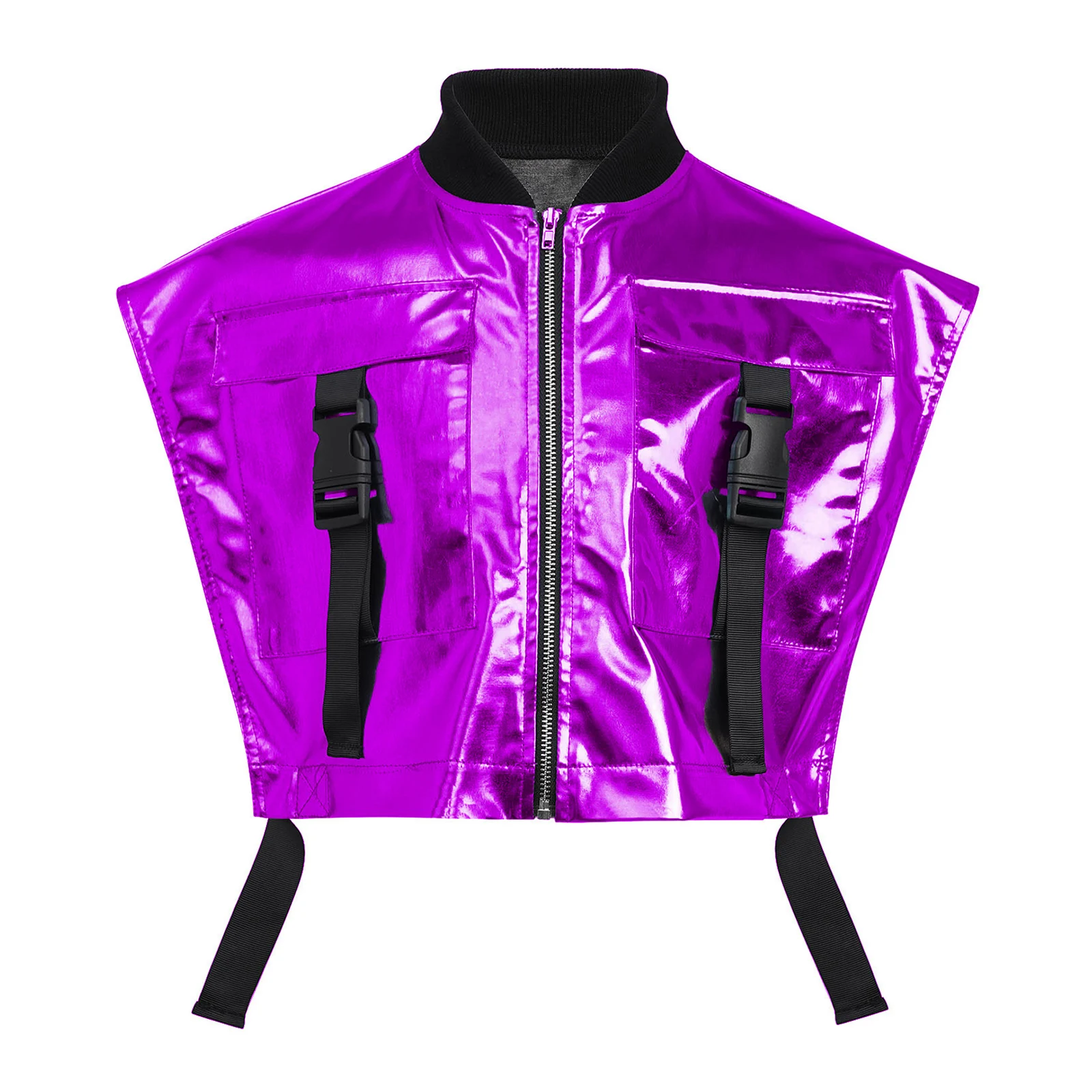 Kinder Mädchen Hip-Hop Jazz-Tanz-Outfit Aufführungskostüm mit seitlich geöffneter Metallweste mit Reißverschluss und seitlichen Druckknöpfen sowie glänzenden Shorts – Detail 15