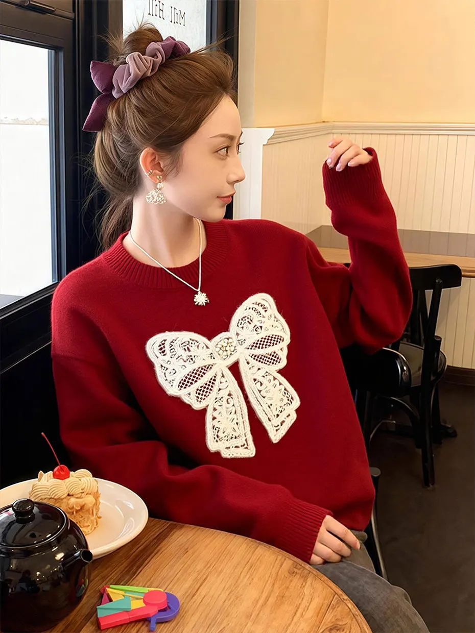 

Thickened Red Knot Sweater Women's Style New Year's New Arrival Autumn Winter Seasonal Polyester Fiber Long Sleeve