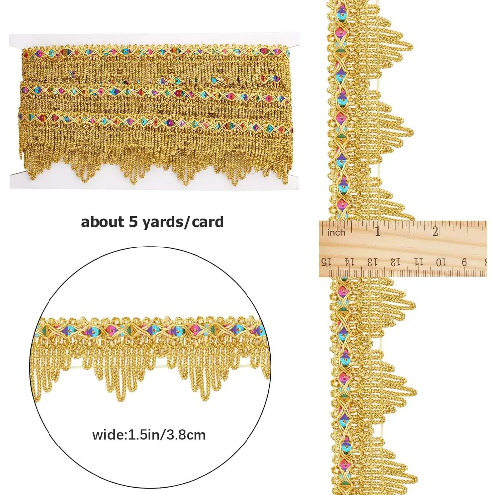 5 Yards Metallic Lace Trim 1.5 Inch Width Gimp Braid Fringe Gold Embroidery Venice Ribbon Edge with Sequins Triangle Craft