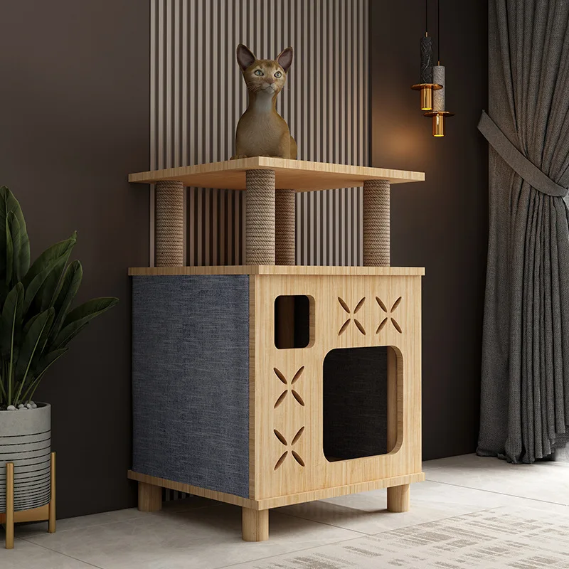 

Cat Tree Tower for Indoor Cats Solid Pine Wood Cat Climbing Frame Natural Sisal Rope Scratching Post Space-Saving Cat Furniture