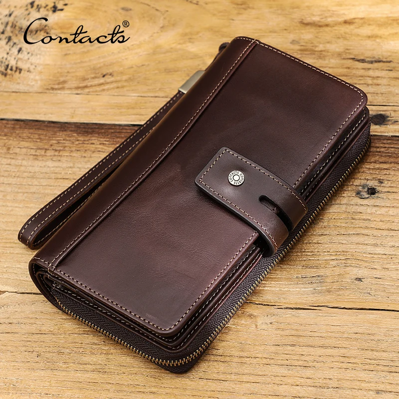 CONTACT\'S Genuine Leather Long Clutch Wallets for Men Large Capacity Men\'s Purse Card Holder Coin Purse Money Clip Phone Pocket