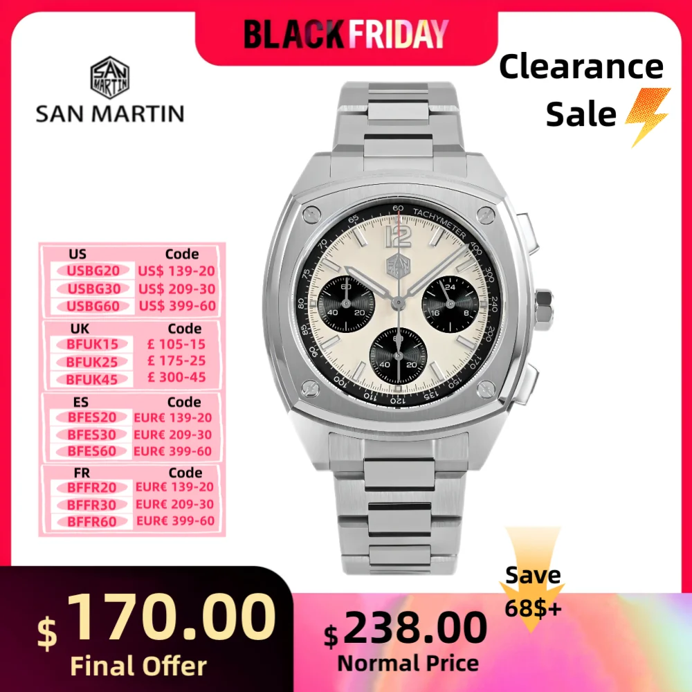 San Martin 39.5mm VK63 Panda Quartz Chronograph Watch Men Clock Wristwatch Sport Butterfly Clasp Relogios Masculino SN0026JS