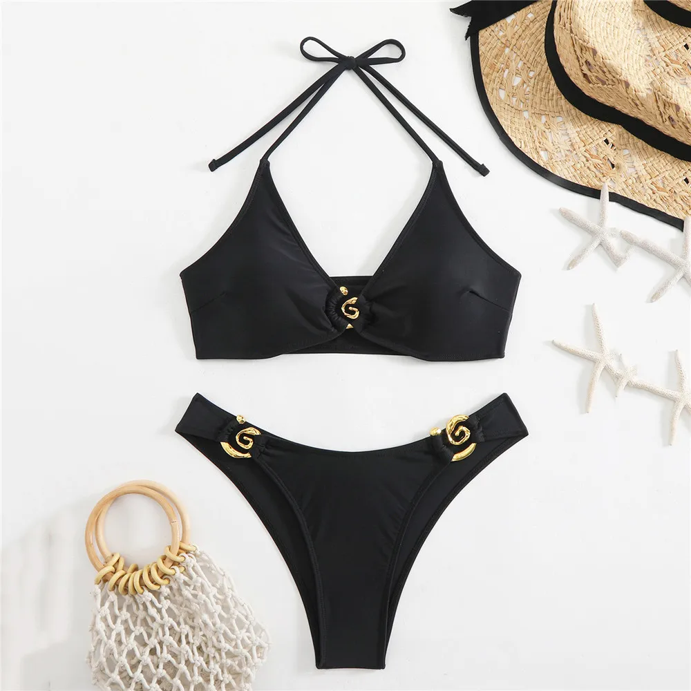 

Solid Swimwears Black String Halter Bikini Mujer Metal Ring Sexy Swimsuit Women 2025 Push Up High Cut Bathing Suit Bikinis Sets