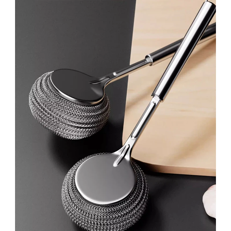 1pc Stainless Steel Pot with Handle Long Brush Kitchen Specific Washing Pot Steel Wire Ball