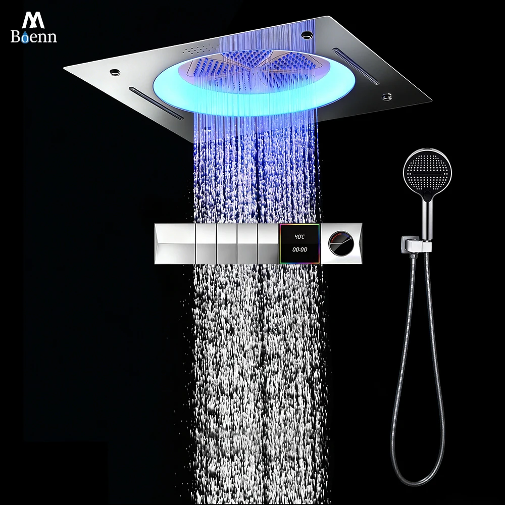 

M Boenn Large Shower Set System Bathroom Faucet LED lighting Shower Head Rainfall Smart Digital Display Thermostatic Diverter