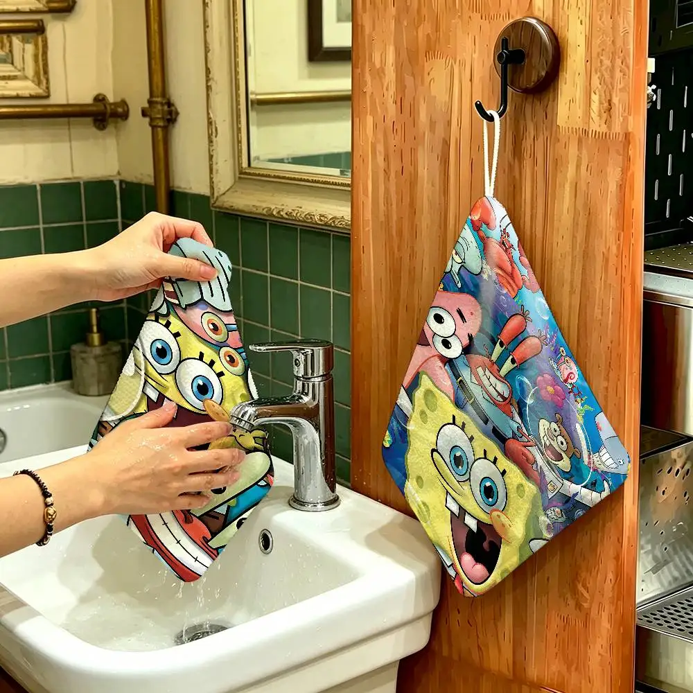Cartoon Cute S-SpongeBob Household Hanging Towel, Polyester Cotton Hand Wiping Towel, Sturdy for Bathroom Bedroom