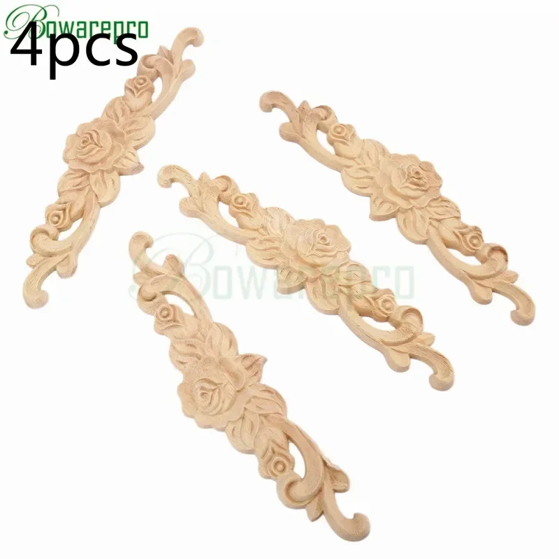 bowarepro 4PCS Retro Floral Rose wood carving Decal Corner angle wall door furniture decorative Applique Frame decorating 20*5cm