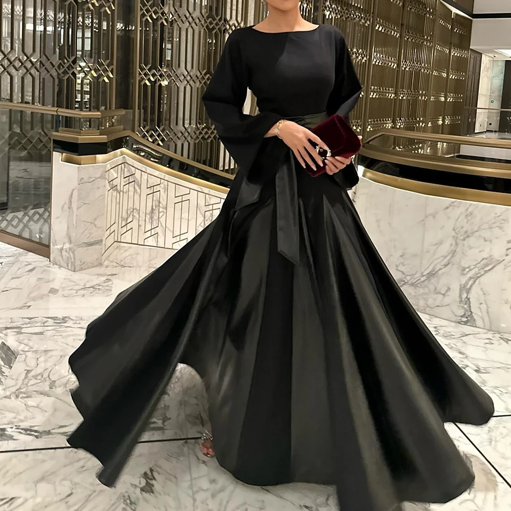 

2024 Saudi Arabia for Women Classic Satin Evening Dress Black Sweep Train Simple Pleats A-Line Floor Length O-neck Long Sleeves