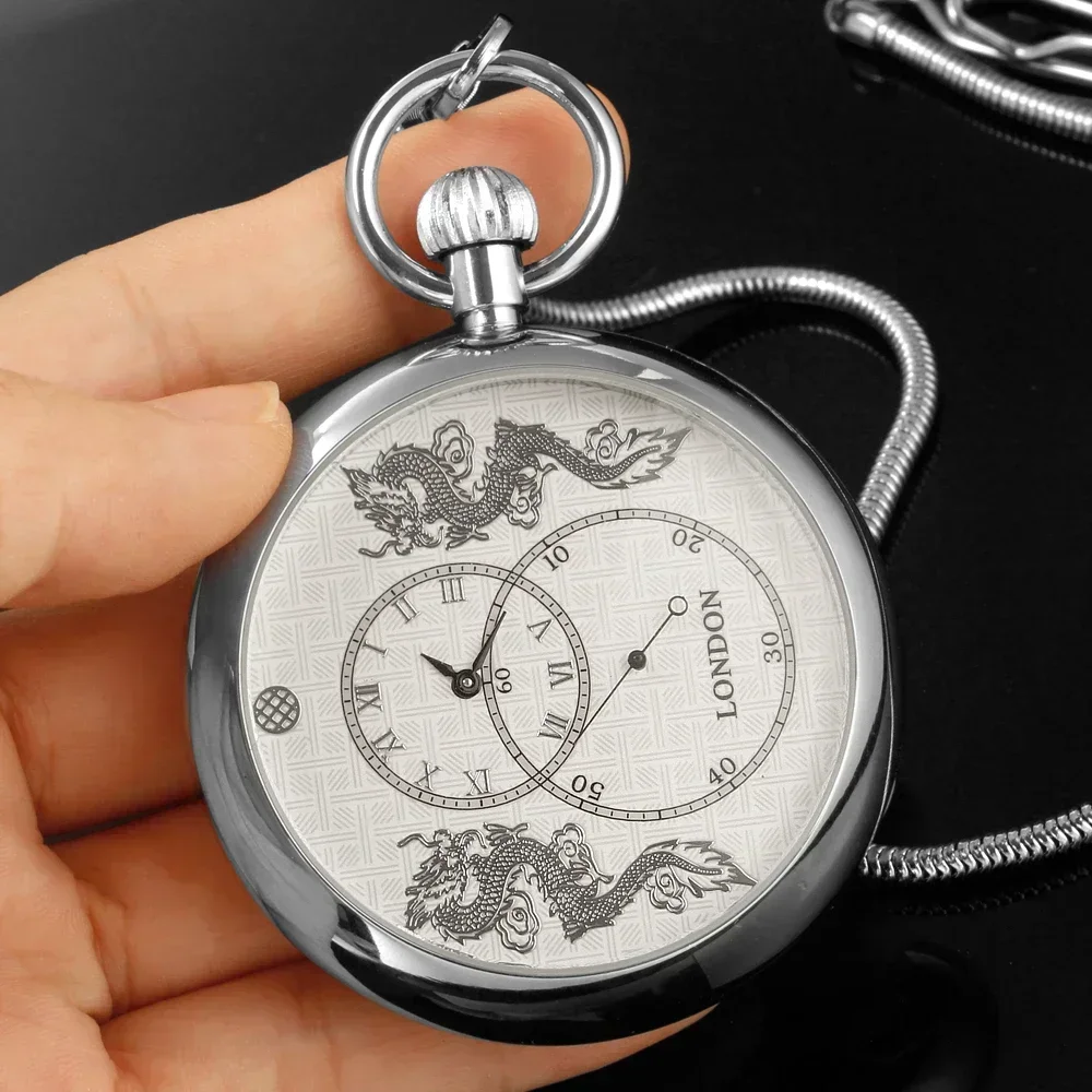 ساعة جيب ميكانيكية قاطرة Steampunk فضية ممتازة، علبة صياد جرح يدويًا، ساعة مع صندوق هدايا