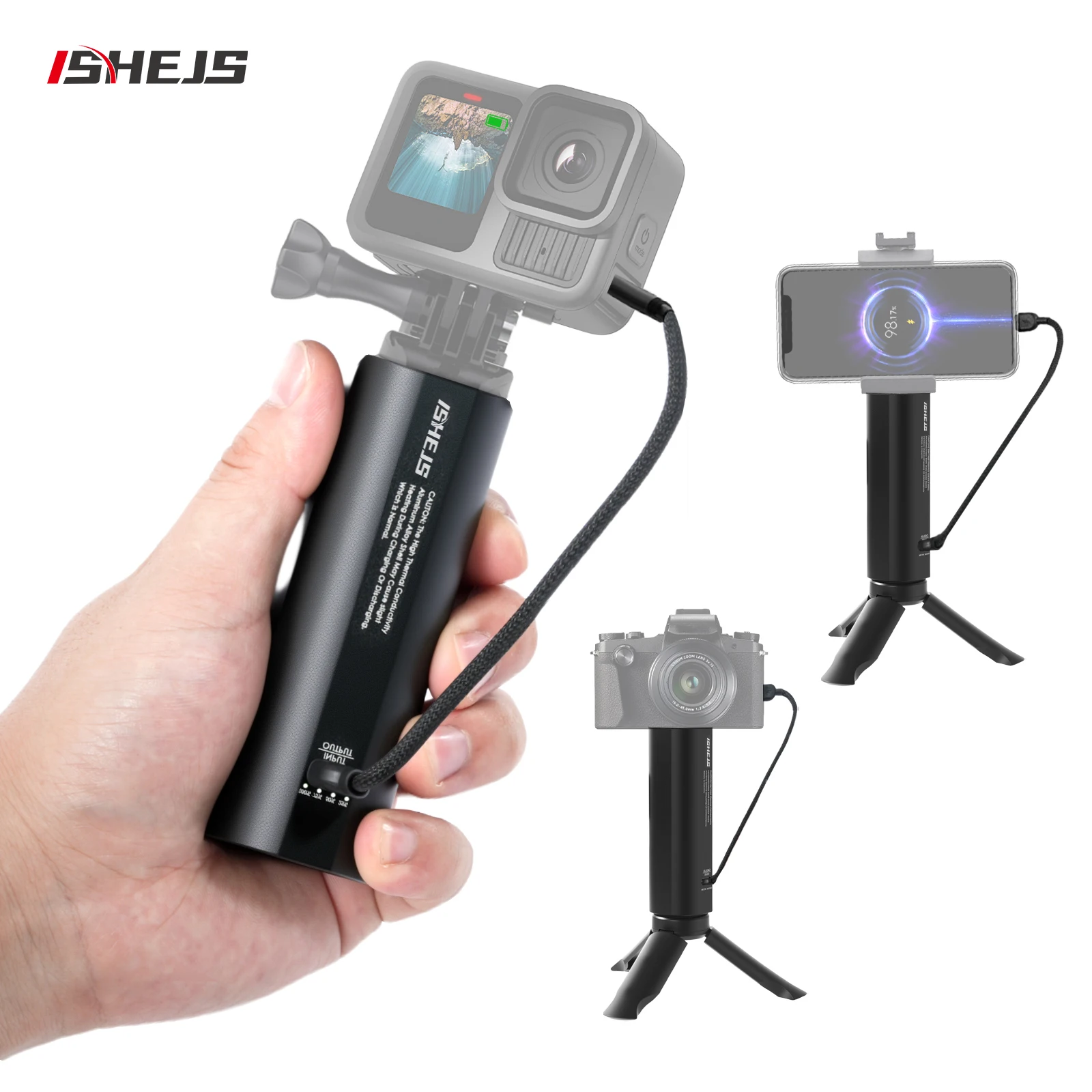 ISHEJS Hand Grip for Smartphone Mirrorless Camera,Type-C Charging Ports ,5000mAh Multi-functional Power Bank with Mini Tripod
