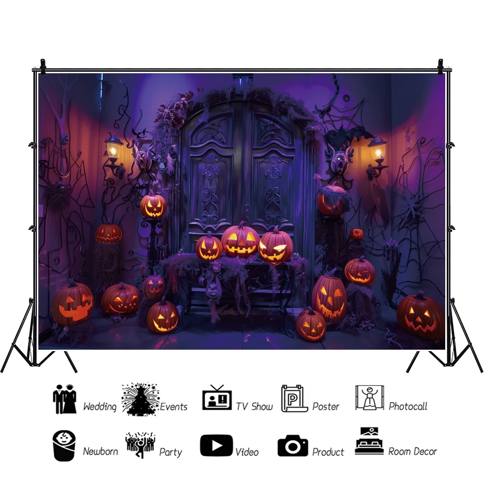 Halloween Party Backdrop Decor Pumpkin Lanterns Retro Castle Door Kids Portrait Photography Background Photostudio Photo Props
