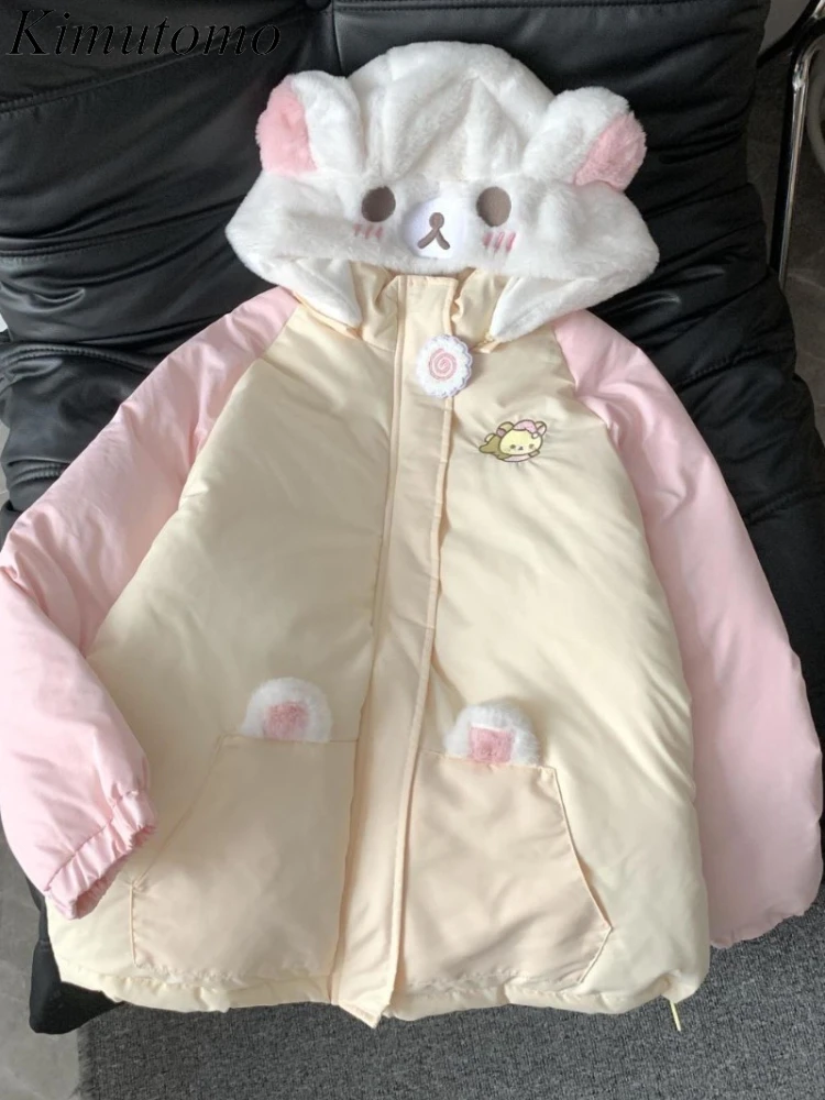 

Kimutomo Women Parkas Cartoon Sweet Hooded Patchwork Preppy Style Padded Jackets Pockets Female Casual Coats Cute Y2k Harajuku