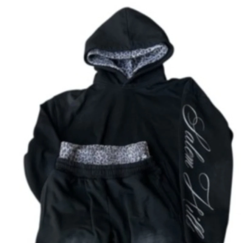 2025 European and American new long sleeved pullover hooded sweatshirt sports pants set punk print y2k street fashion streetwear