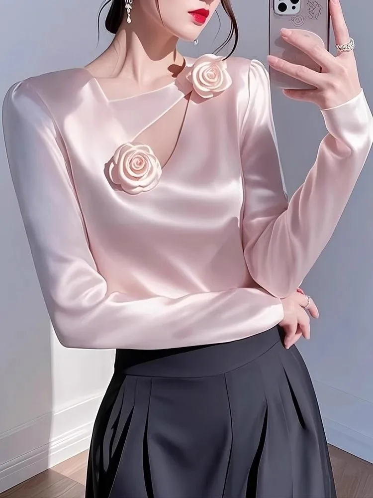 

Women's Elegant Satin Blouse 3D Floral Sleeveless Cowl Neck Formal Dressy Casual Shirts Business Casual Tops