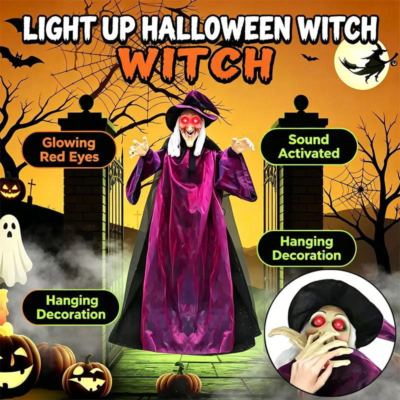 Decoração de Bruxa Pendurada com Luz e Som, Fantasma de Halloween Ativado por Som para Bar, Escape Room e Casa Assombrada