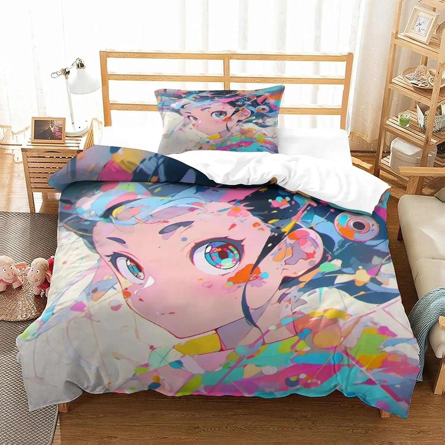 Anime Girl Bedding Set Blue Hair Pink Eyes 3D Printed Duvet Cover Set 3 Piece Soft Quilt Comforter Cover Twin Queen King