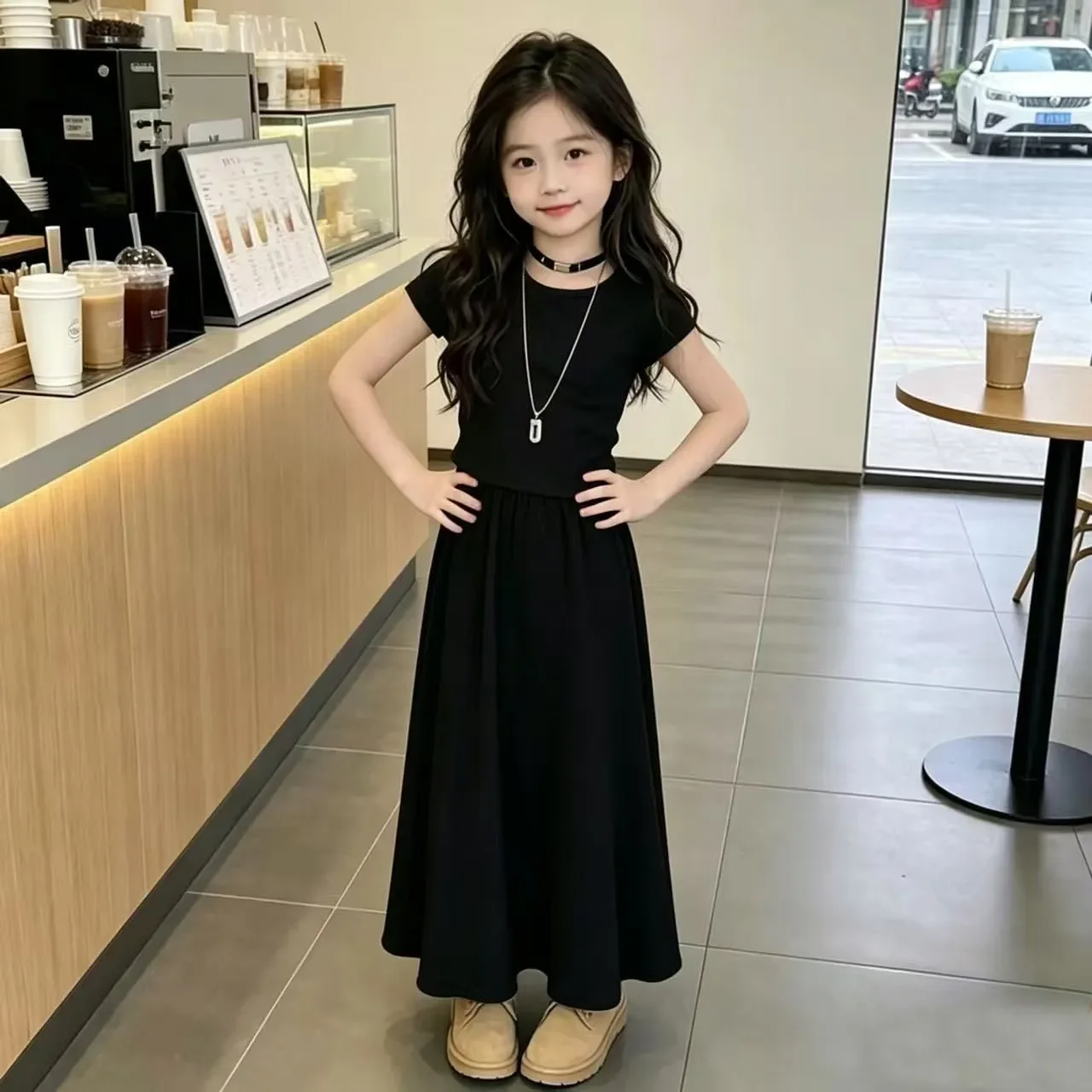 New Girls Summer Elegant A-Line Long Skirt+Short Sleeve Tees 2Pcs Sets Kids Casual Daily Slim Fit Streetwear Outfits Sets  -123