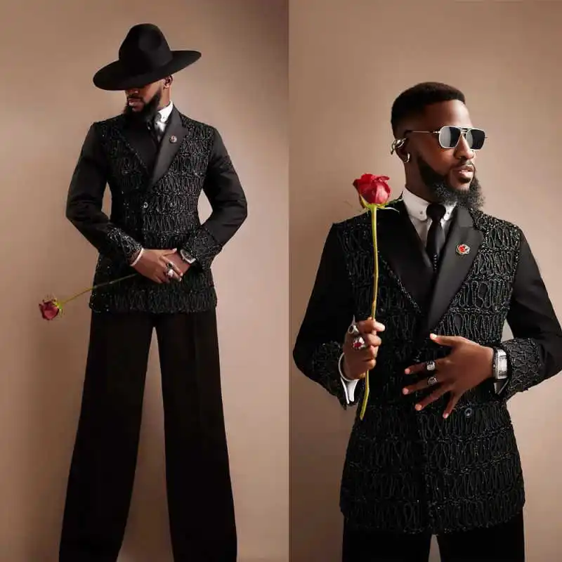 

Luxurious Men Suit 2 Pcs Jacket Pants Double Breasted Sequin Wedding Tuxedos Groom Prom Magician Customized Plus Size
