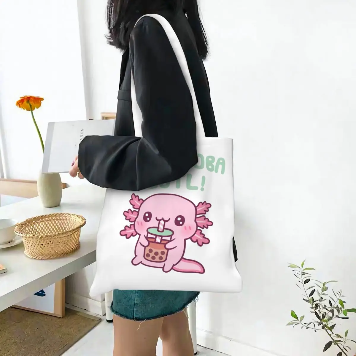 Niedlich axolotl ich liebe boba viel Leinwand Einkaufstasche trend ige große Kapazität Einkaufstasche für Unisex entzückende Axolotl Reisetaschen