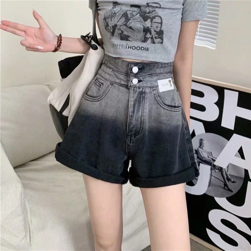 

Vintage Gradient Hot Pants High Waist Summer Streetwear Fashion Jean Shorts for Women Loose Pockets Jorts Y2k Trend Clothes