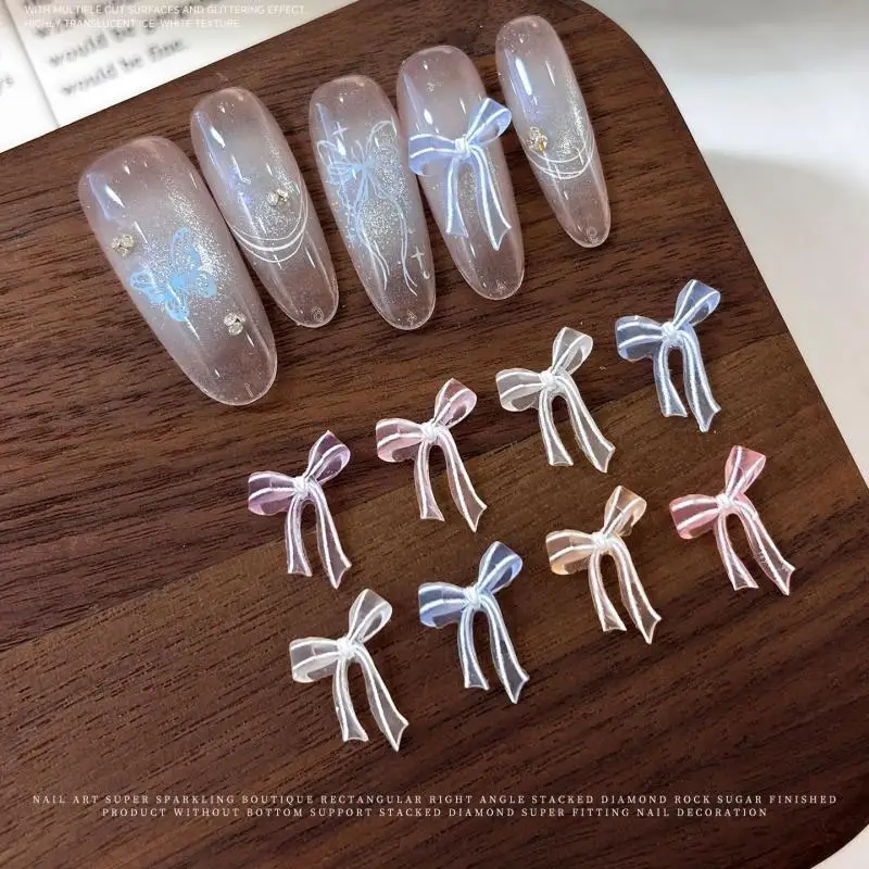 40Pcs Soft Sculpted Clear Bow Nail Art Jewelry Mixed Jelly-colored Matte Ribbon Bowknot Wearable Nail Decorations DIY Manicure