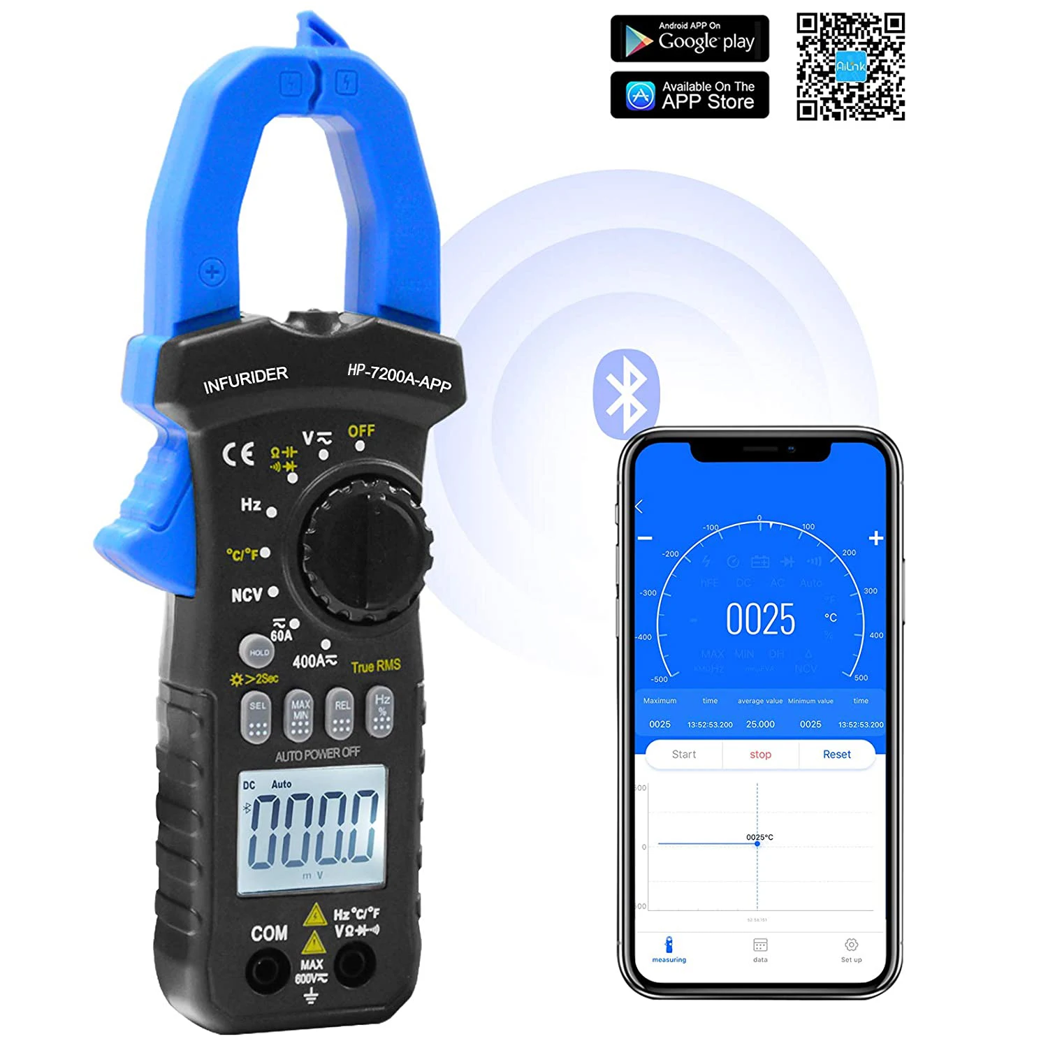 HoldPeak Wireless Bluetooth Clamp Meter HP-7200APP 6000 Count Auto Range Bluetooth MultimeterDC/AC True RMS Continuity Buzzer