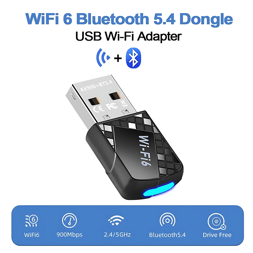 2 IN 1 WIFI6 AX900 USB WiFi Bluetooth 5.4 Wireless Adapter Dual Band 2.4G+5GHz 900Mbps Network Card Receiver Dongle For Win10/11