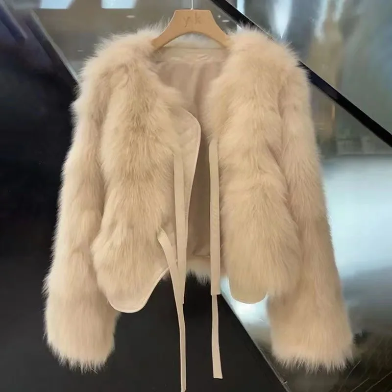 Ladies Lace Up Long Sleeves Imitation Fox Fur Jacket 2025 Female Faux Fur Tops Coat Autumn Winter Women Fashion Plush Overcoat