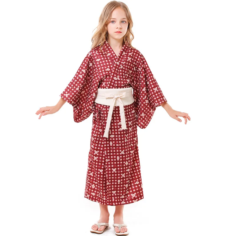Ethnic Dance Performance Costumes, Japanese-style Travel Photography, Cardigan, Pajamas, Checkered Print, Kimono, Sash, Photo Sh