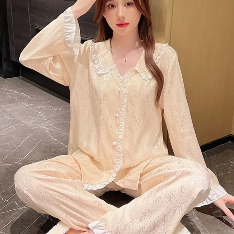 

Two-Piece Set Famale Sleep Clothes 2024 New Ice Silk Pajamas Suit Women's High-end Spring Autumn Thin Long-sleeved Loungewear