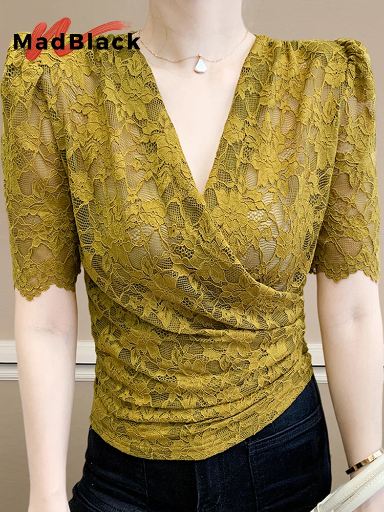 

MadBlack-Women's European T-Shirt, Sexy V Neck Lace Patchwork, Streetwear Short Sleeve Slim S-3XL Tee, 2025 Summer New T55901CC