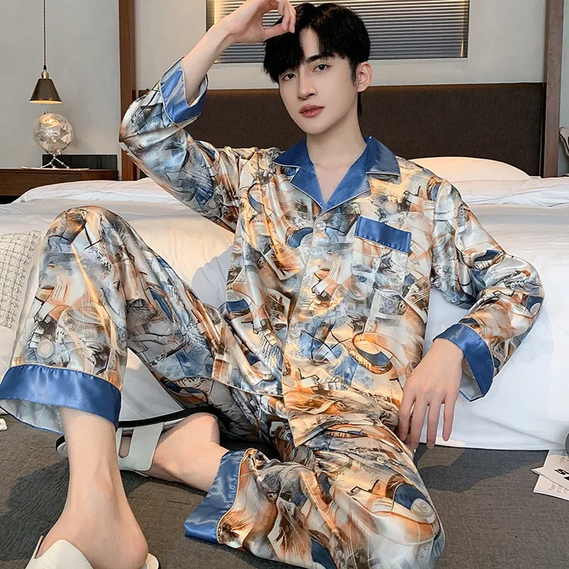 Long Sleeve Mens Stain Silk Pajama Sets Short Sleeve Shorts Men Pijama Printed Pajamas Men Sleepwear Thin Silk Pajama For Men