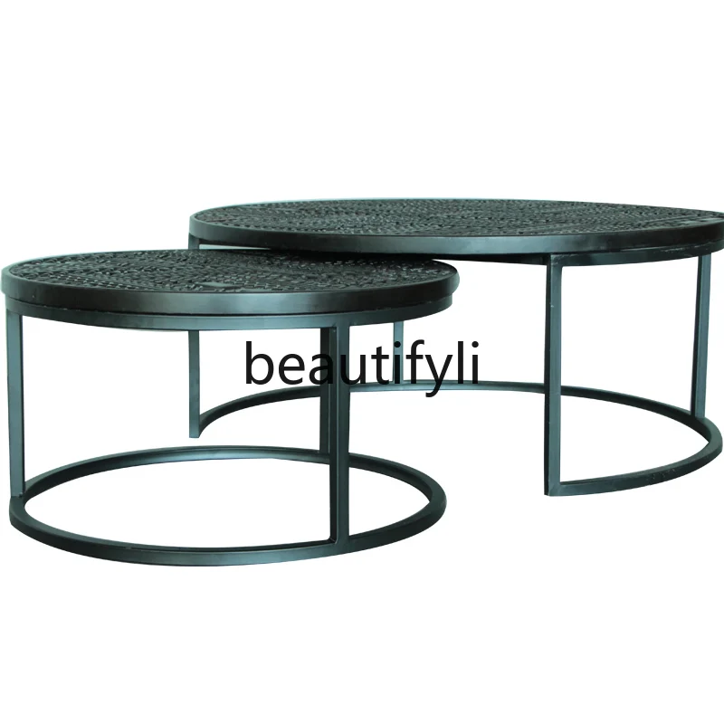 

Light luxury South East Asia wind wrought iron base solid wood size round set few wabi style size round coffee table