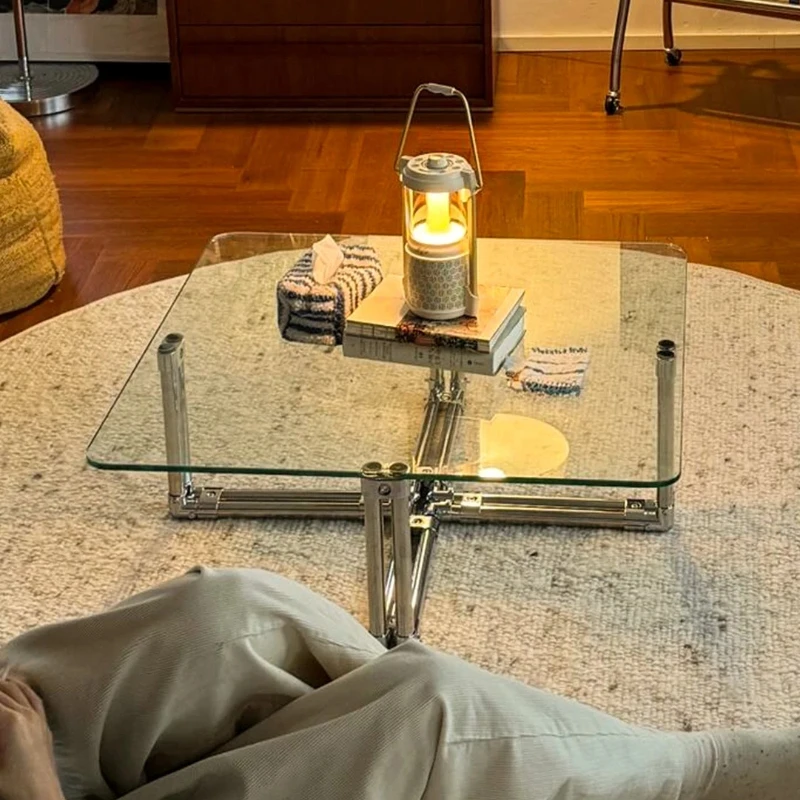 Glass edge small coffee table antique transparent low table high-end household utensils living room minimalist stainless steel