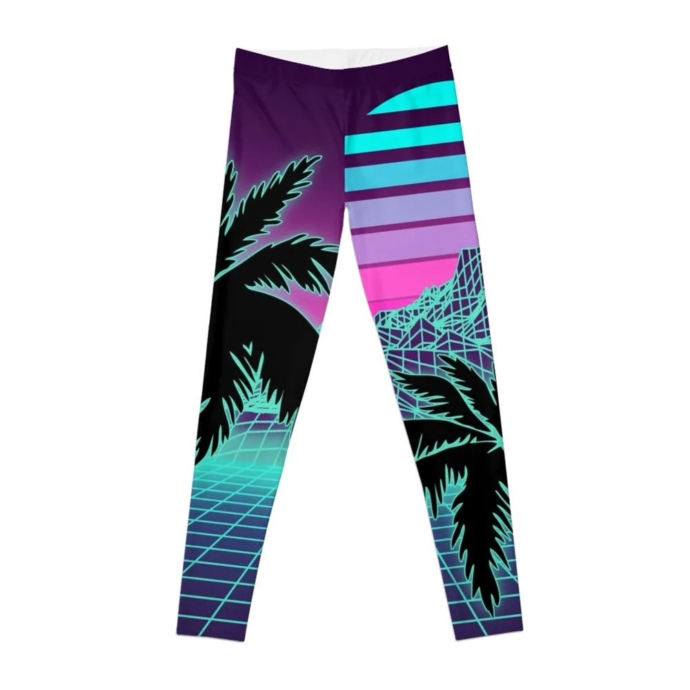 Retro 80s Vaporwave Sunset Sunrise With Outrun style grid print Leggings jogging pants trousers Womens Leggings