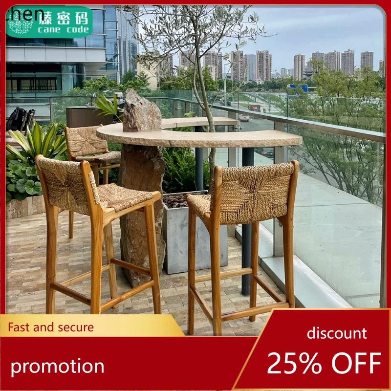 

HXL Solid Wood High Stool Rattan Leisure Homestay Bar Chair Home Rope Woven Seat Island Bar Chair