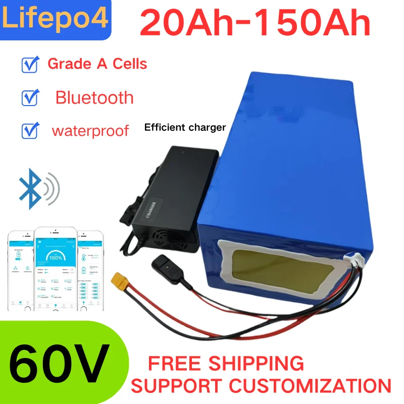 

XNY100Ah 60V 60Ah 80Ah 30Ah 60V 40Ah 150Ah 120Ah lifepo4 batterie au Lithium avec Bluetooth APP BMS pour Scooter bateau + charge