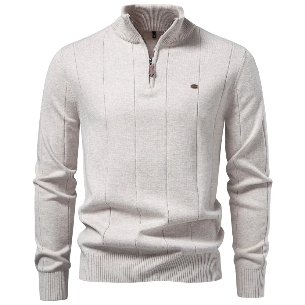 AIOPESON Herren Baumwolle Einfarbiger Casual Pullover mit Halbem Reißverschluss, Stehkragen, Gerippter Strickpullover, Herbst Winter Herren Langarm Slim Fit – Detail 4