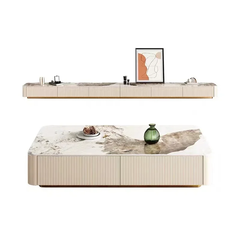 Coastal Stone Top Coffee Table Compact Size Floor Standing Height Adjustable High Weight Capacity No Tools Required