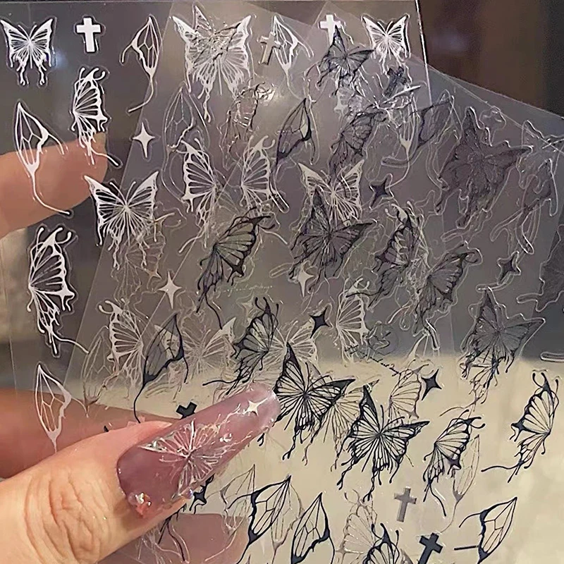

Серебристые, черные, белые бабочки, 3D наклейки для ногтей, металлическая бабочка, звезда, распятие, клейкий слайдер, обертывания, маникюр, гель-лак, наклейки