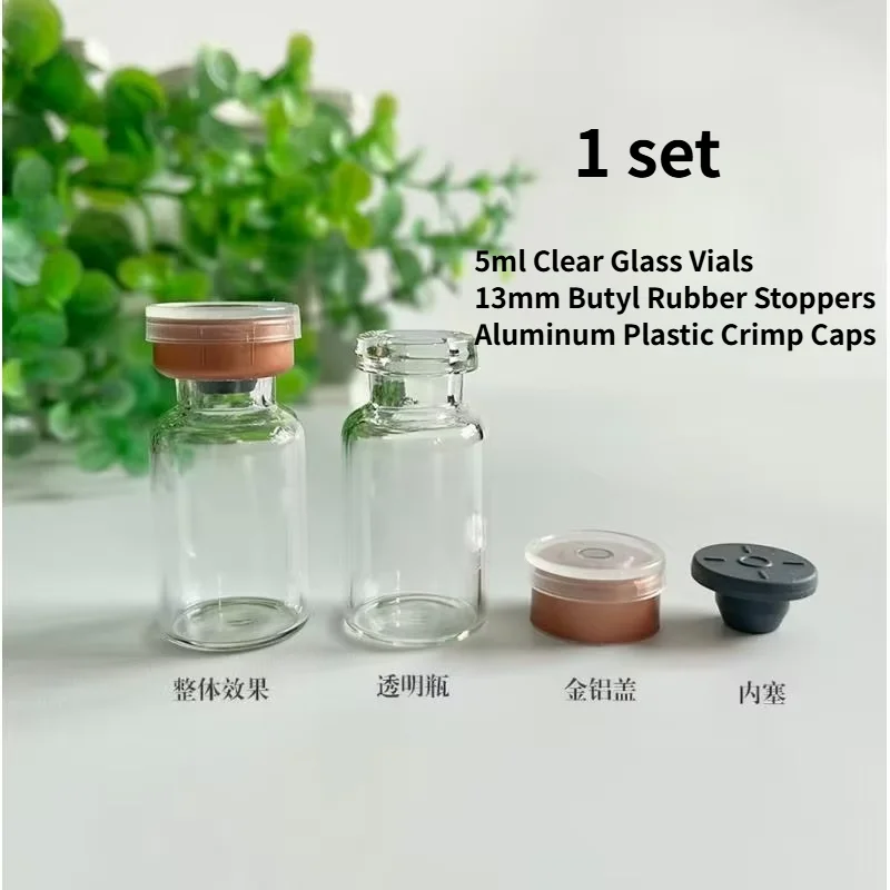 5ml Clear Glass Vials with 13mm Butyl Rubber Stoppers and Aluminum Plastic Crimp Caps 100 Sets