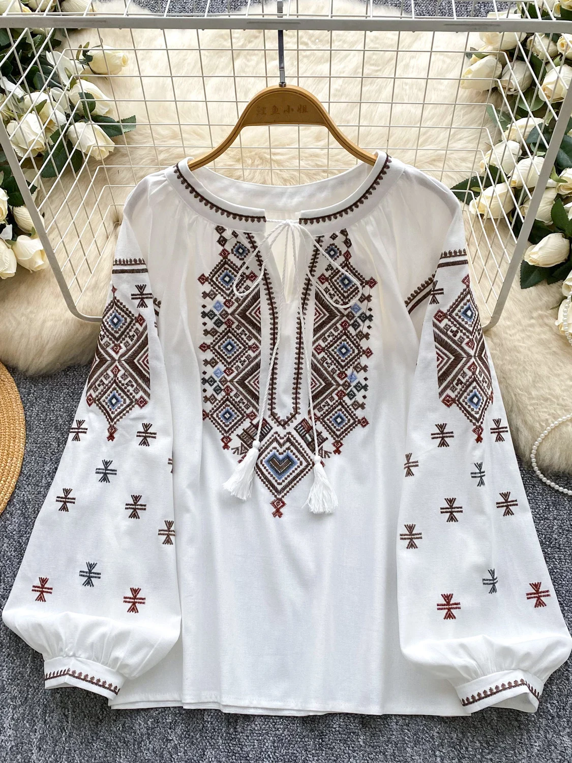 المرأة الخريف بلوزة فضفاضة الفنية الرجعية الصناعة الثقيلة التطريز القوس س الرقبة فانوس كم قميص بلوزة غير رسمية متعددة الاستخدامات BL270 #6