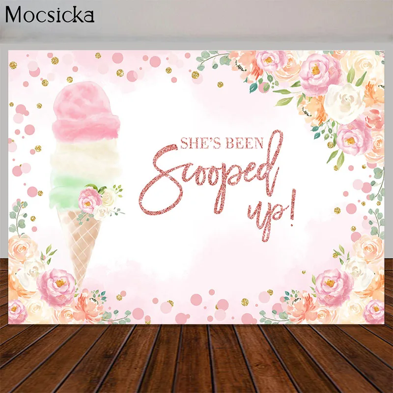 Toile de fond de douche de bébé crème glacée, voici la cuillère, fond de photographie de fête d'anniversaire, décor de table de gâteau, accessoires photo de studio de bannière