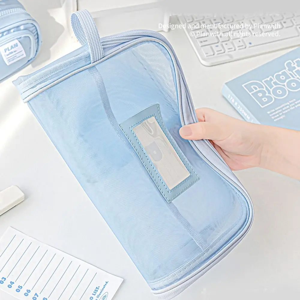 A4 Nylon Mesh File Bag Multifunctional Transparent File Folder Bag Solid Color Large Capacity Transparent Zipper Pouch Students