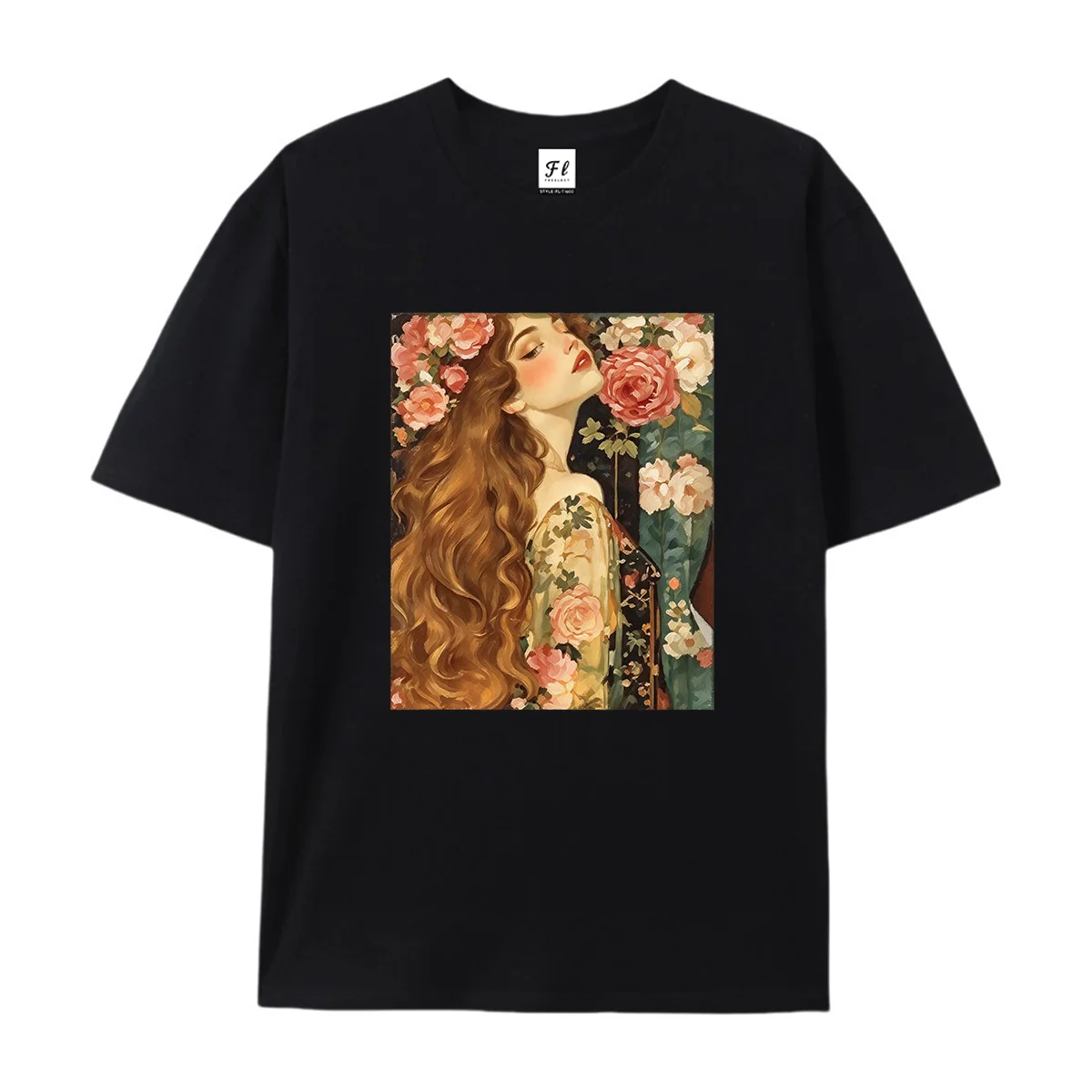Women Vintage Floral Lady Portrait Graphic T Shirt Casual Short Sleeve Tee Retro Art Painting Figure Print Soft Cotton Tops