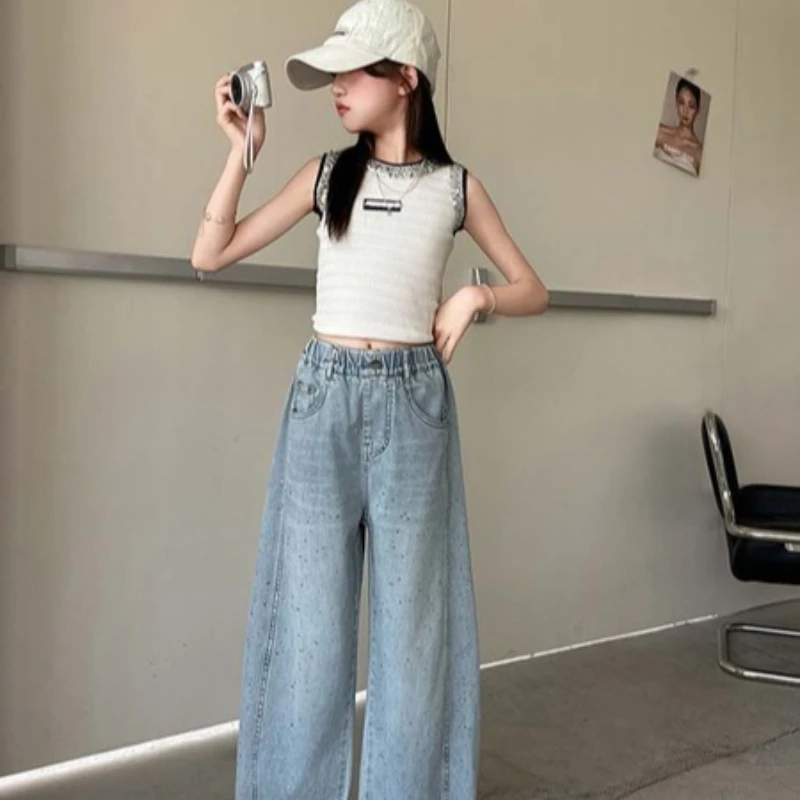 

Girls Pants Summer 2026 New Styles Childrens Stylish and Versatile Wide Leg Pants for Spring Girls Fashionable Jeans