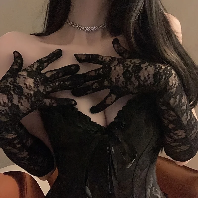 المرأة شفافة مثير الدانتيل الزهور شبكة تنفس شبكة صيد السمك Bowknot قفازات طويلة JK لوليتا Kawaii Y2k تأثيري مرونة الحفلات